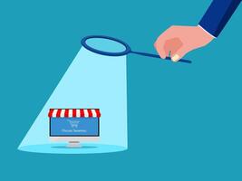 hand holding magnifying glass over computer screen with shopping website vector