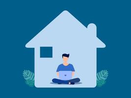 man sitting in front of his house with laptop vector
