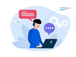 call center service agent working on laptop with speech bubbles and chat bubbles vector