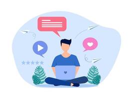 man with laptop and social icons on background vector