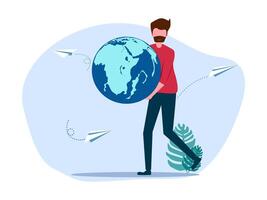 man carrying globe with paper plane and plants vector