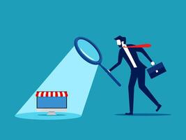 businessman looking for a website with a magnifying glass vector