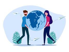 two people holding a globe and paper airplanes vector