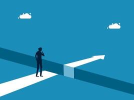 Business Challenge. man Standing on the Edge of the Arrow Gap vector