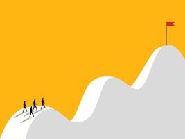 Difficult path. Businessman team walks on hill to victory flag vector
