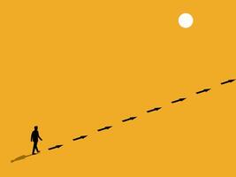 Advice, career advancement. Businessman walks along the shadow of an arrow vector
