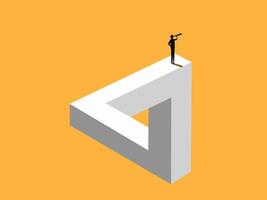 Business problem solving. Businessman looking at binoculars on Penrose triangle vector