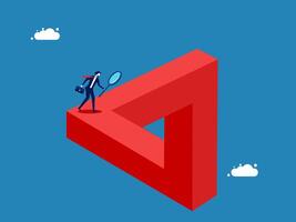 Analyze, Challenge, Business Problem. Businessman with Magnifying Glass on Penrose Triangle vector