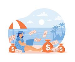 Freelancers work from anywhere. Woman relaxing on the beach and money coming out of laptop. Passive income concept. Flat illustration. vector