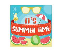 Spend the summer enjoying the beach views. Refreshing watermelon drink and fruit. Summer concept. Flat illustration. vector