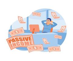 The man sitting relaxed in front of the computer. Money falls from the computer. Passive income concept. Flat illustration. vector