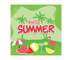 Summer vacation. Hello Summer, with a backdrop of palm trees, flamingos, umbrellas, fruit, and refreshing drinks. Summer concept. Flat illustration. vector