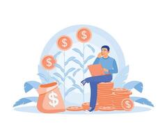 Remote work. A man works using a laptop and receives a call from a client. Earn money concept. Flat illustration. vector