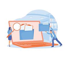 People search for documents in a server rack. Storing files in electronic databases. Storage concept. Flat illustration. vector