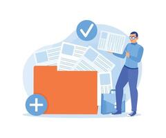 Man holding paper document. Save files in large folders. Storage concept. Flat illustration. vector
