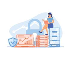 The woman saves data in the database. Server with database security. Database concept. Flat illustration. vector