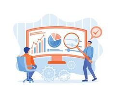 Office employees analyze statistical data. Checking financial reports on the monitor screen. Data Analysis concept. Flat illustration. vector