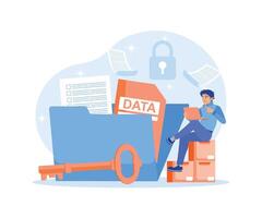 Male employee manages data. Collect and store data information securely. Data Management concept. Flat illustration. vector