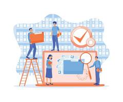 Office employees save and search for files in the database. Manage files in an organized manner. Database concept. Flat illustration. vector