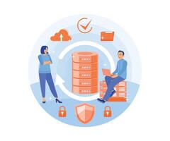 Man and woman working in data center. Storing files on a server connected to cloud computing. Database concept. Flat illustration. vector
