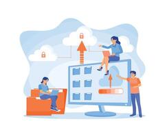 The administrator and developer team work on a computer. Uses cloud server storage services to store files. Storage concept. Flat illustration. vector