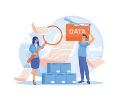 Woman looking for data in privacy media center. Man storing data in the data center. Data Management concept. Flat illustration. vector