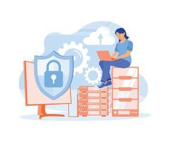 Women store personal data in data centers. Protect data from hackers. Database concept. Flat illustration. vector