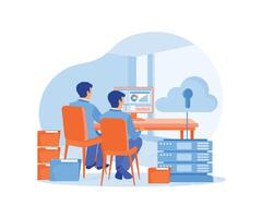 Office staff analyzes data on computers. Storing file documents in server racks. Storage concept. Flat illustration. vector