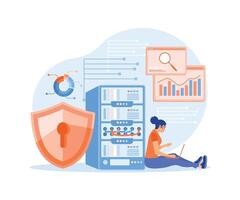 Woman analyzing data on the server. Analyze digital information and create reports for optimization. Database concept. Flat illustration. vector