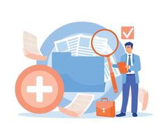 Businessman storing files on a digital server. Workers add files to large folders. Storage concept. Flat illustration. vector