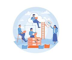 People work using electronic devices. Using cloud computing services to store data. Storage concept. Flat illustration. vector