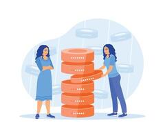 Woman holding server hardware. Save and search for files in the main file. Database concept. Flat illustration. vector