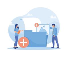The worker added a file to a large folder. Saving and indexing files. Storage concept. Flat illustration. vector