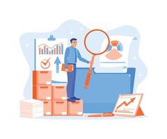 Businessman analyzes data. Manage and store privacy data on the server. Data Management concept. Flat illustration. vector