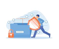 Man holding a protective shield. Safely store and protect files on servers. Database concept. Flat illustration. vector