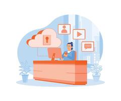 Young man working at the computer. Storing personal data on digital servers. Storage concept. Flat illustration. vector