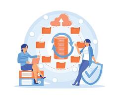 Manager and assistant working in the office. Analyze and store data on server hardware. Database concept. Flat illustration. vector