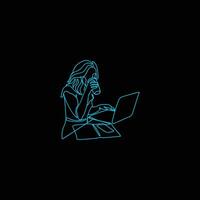 . Black simple monoline female with laptop logo. vector