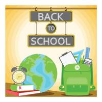 Green backpack and school supplies. Stack of books with alarm clock and globe. Back to school concept. Flat illustration. vector