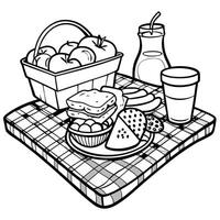 Picnic Scene Coloring Page with Sandwiches and Drinks vector