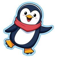 animado pegatina de un alegre pingüino vistiendo un rojo bufanda y ondulación vector
