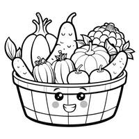 Delightful Coloring Page of a Basket Filled with Smiling Fresh Produce vector