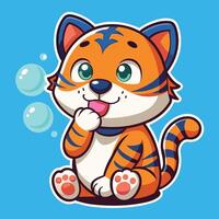Cute Cartoon Tiger Blowing Colorful Bubbles with a Playful Expression vector
