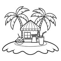 Tropical Paradise Coloring Page Featuring an Enchanting Island and Coconuts vector