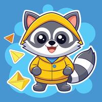 Adorable Baby Raccoon in a Raincoat Sticker with a Playful Pose vector