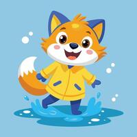 Adorable Baby Fox Dressed in a Stylish Raincoat Splashing in a Puddle vector