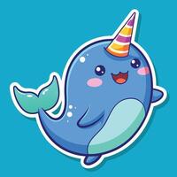 Cute Narwhal Birthday Sticker with Festive Hat and Sweet Smile vector