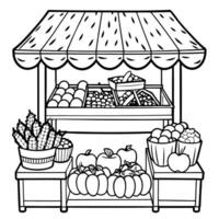 Delightful Market Scene Coloring Page Featuring Vegetables and Fun Atmosphere vector