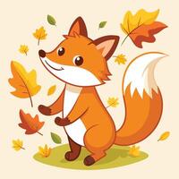 Cute Cartoon Fox Frolicking with Autumn Foliage vector