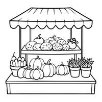 Printable Coloring Page of a Lively Vegetable Market Scene with Three Characters vector